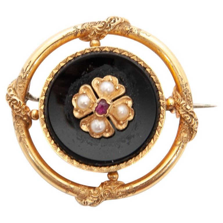 Victorian Onyx Ruby Seed Pearl 14 Karat Gold Brooch