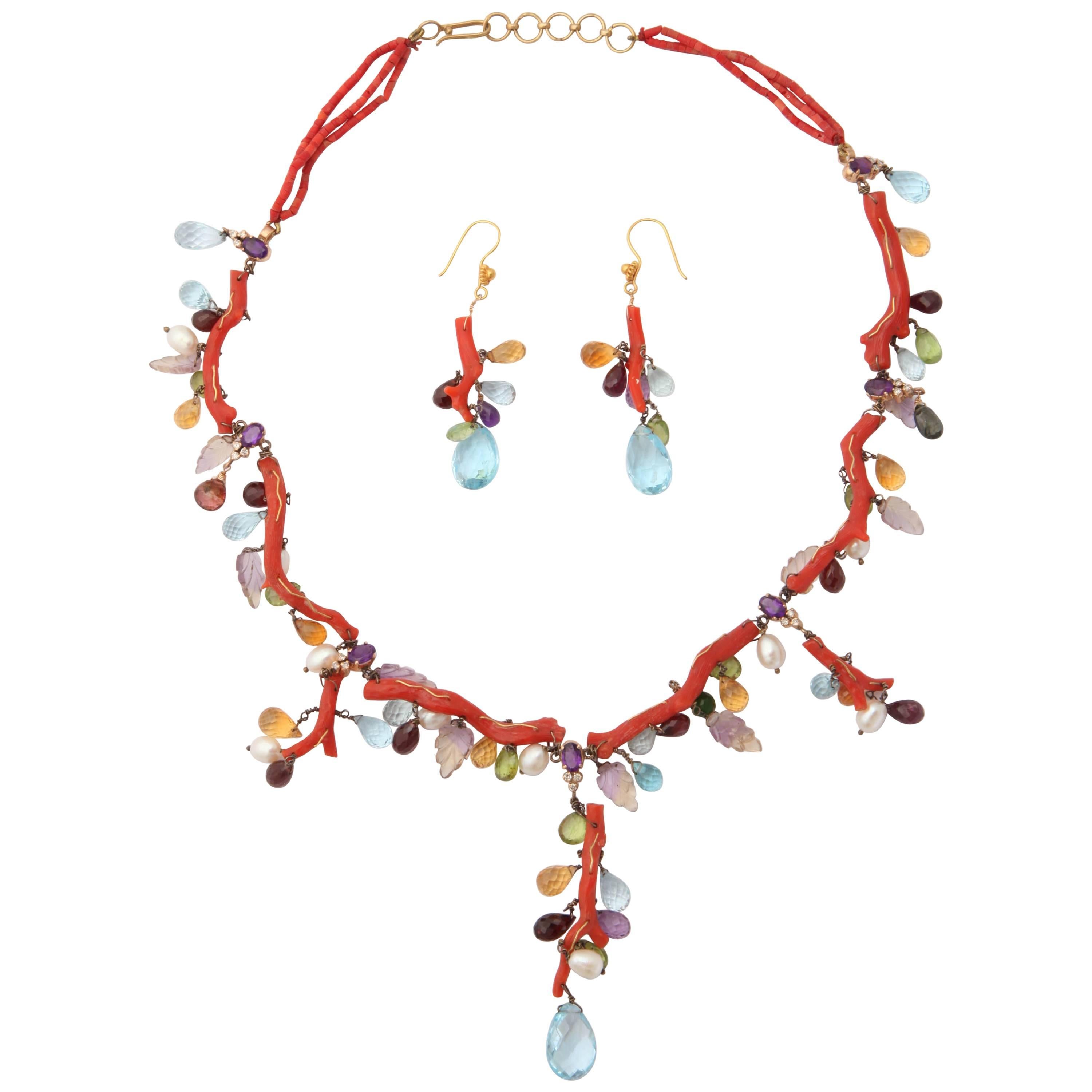 Coral Semi Precious Stone Necklace Set For Sale