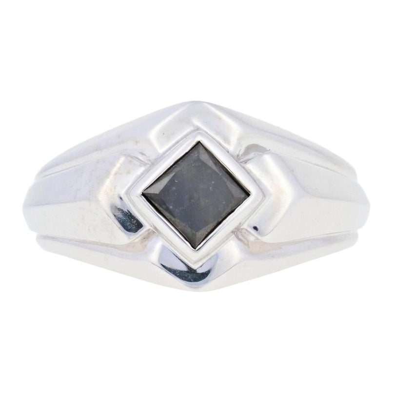 Silver Black Diamond Ring, 925 Princess Cut 1.00ct Men's Solitaire