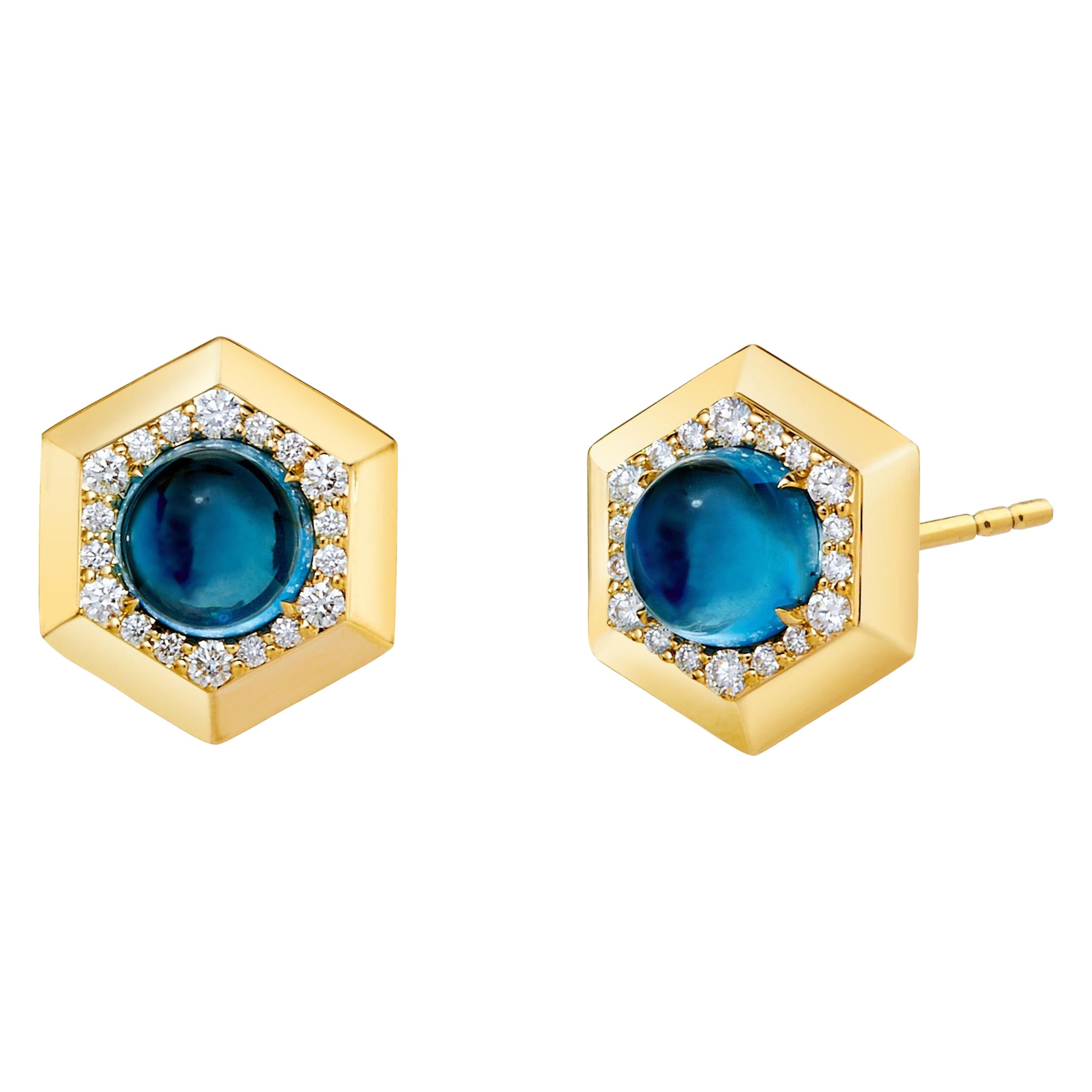 Syna Yellow Gold Hex Earrings with London Blue Topaz and Diamonds