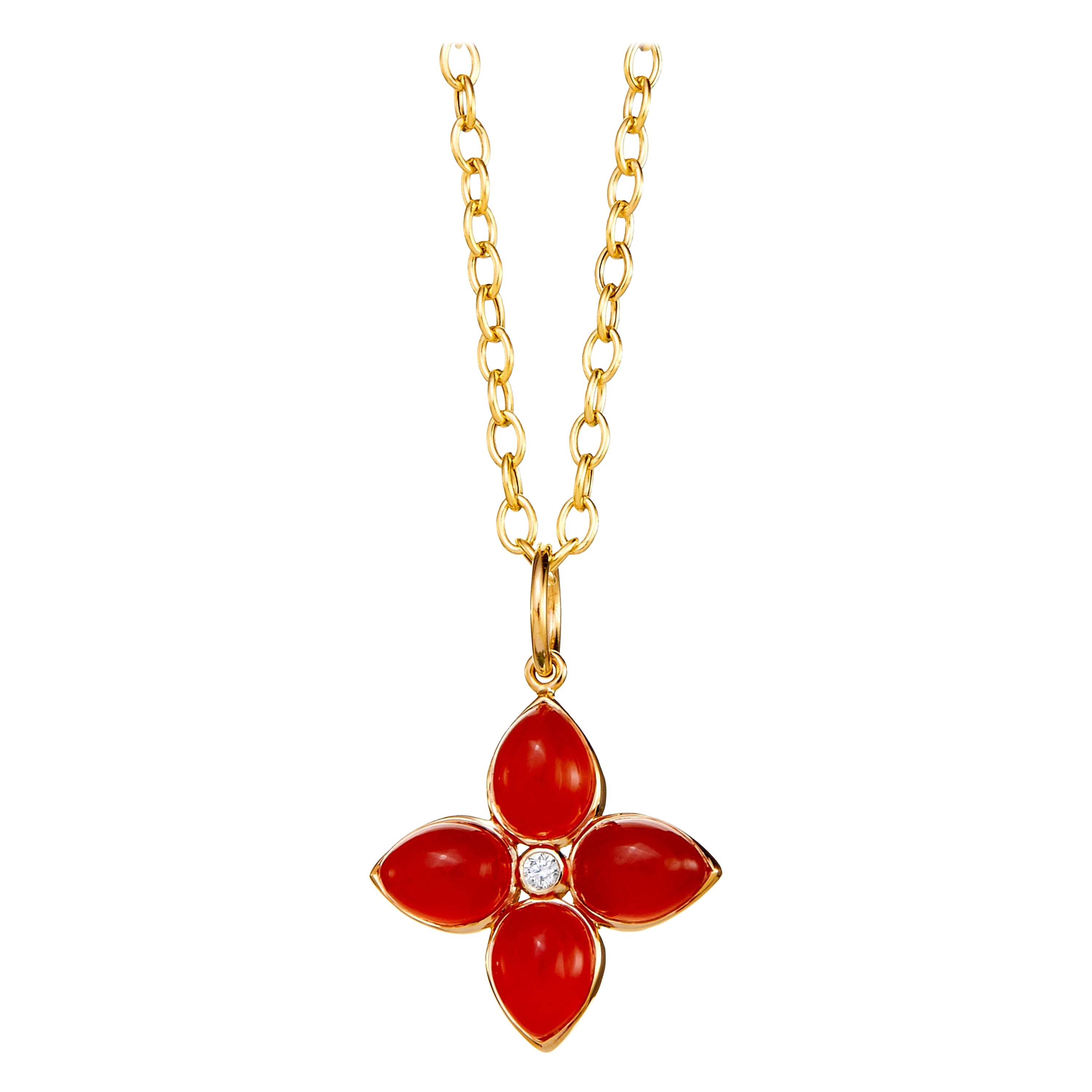 Syna Yellow Gold Orange Chalcedony Flower Pendant with Champagne Diamond