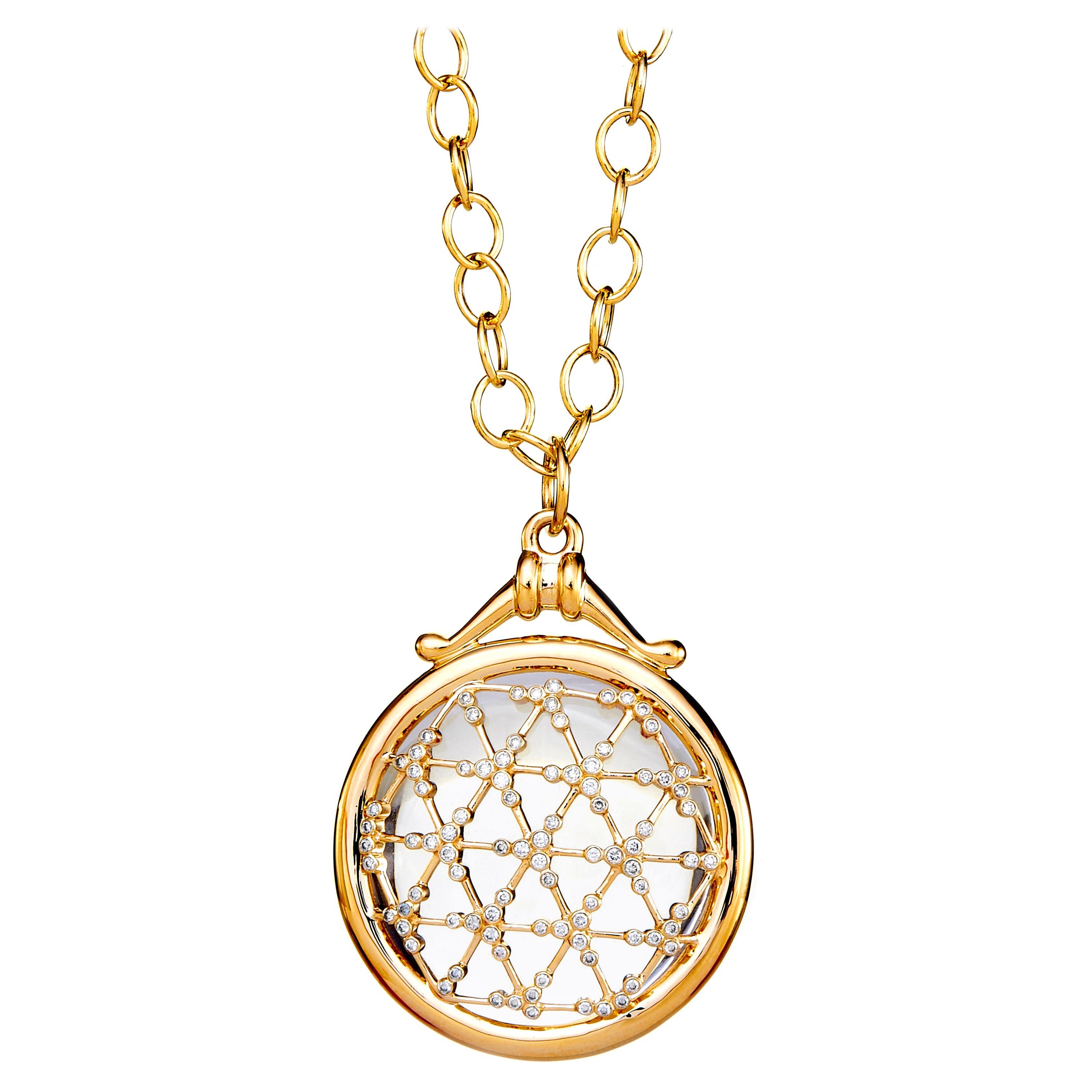 Syna Yellow Gold Rock Crystal Illusion Pendant with Diamonds For Sale