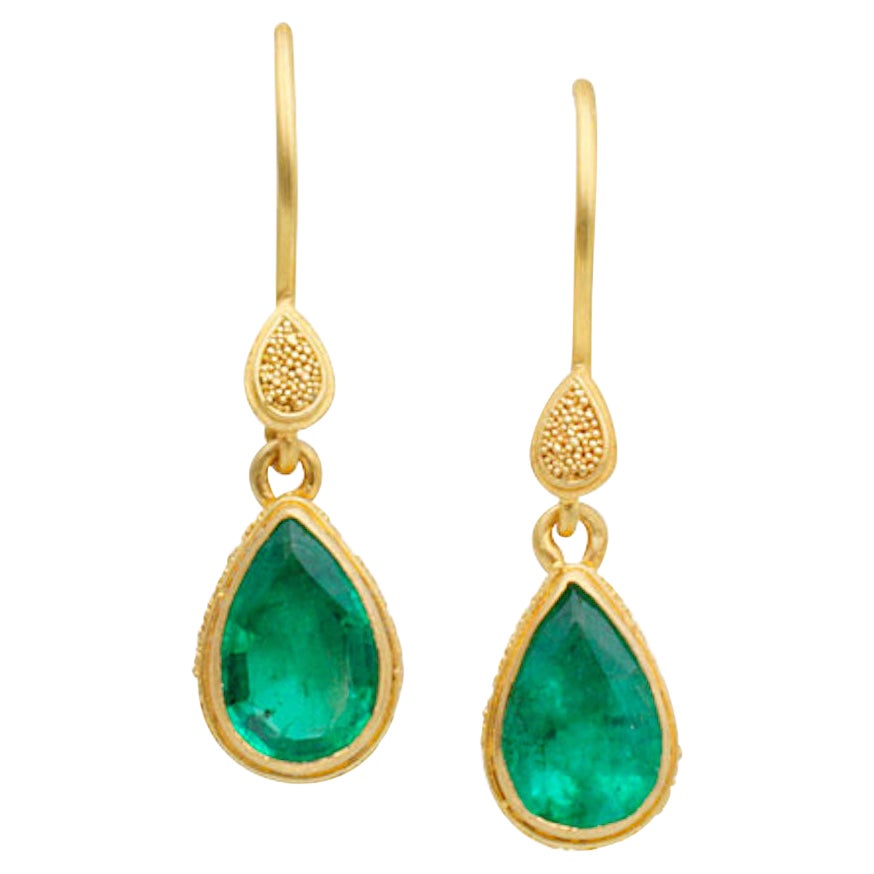 Steven Battelle 2.6 Carat Emerald Drop Earrings 22K Gold For Sale