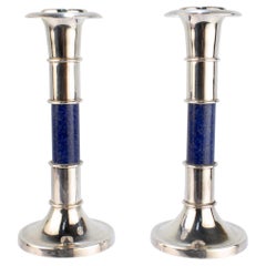 Pair of Sterling Silver & Lapis Lazuli Candlesticks or Candle Holders