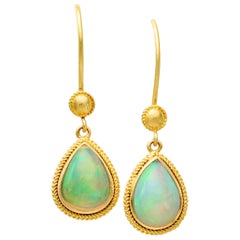Steven Battelle 3 Carat Ethiopian Opal 18K Gold Wire Ornate Earrings