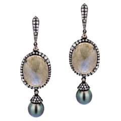 Pearl, Labradorite, Diamond Victorian Dangle Earrings in 18K Gold and Silver
