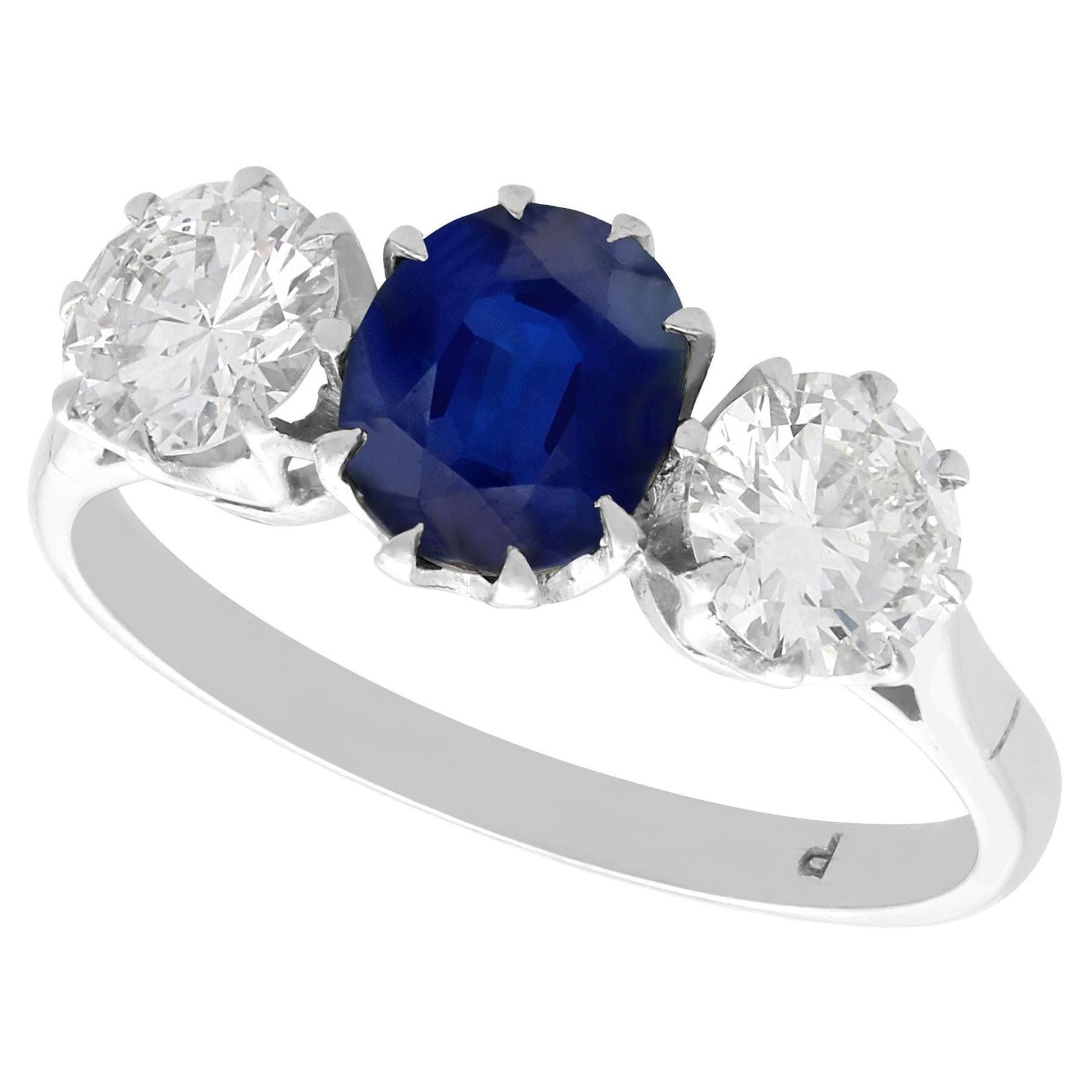Antique 1.80 Carat Sapphire and 1.35 Carat Diamond White Gold Trilogy Ring For Sale