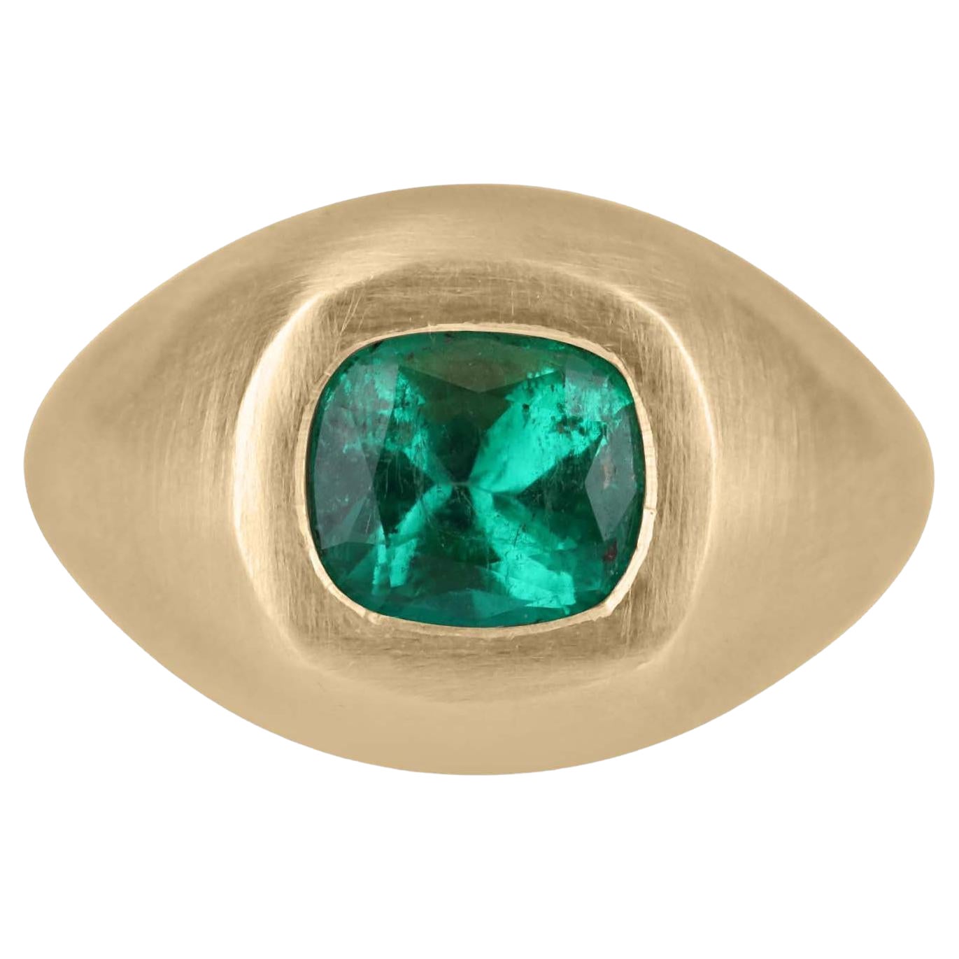 1.30cts 14K Colombian Emerald Cushion Cut Gypsy Ring Bezel Set Solitaire