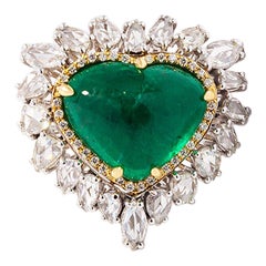 10.90 Ct's Cabochon Emerald Cocktail Ring Heart Shaped Diamond Ring