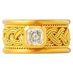 24K Gold Hand Crafted Wide Weave Mesh Band Radiant Cut Diamond Solitaire Ring