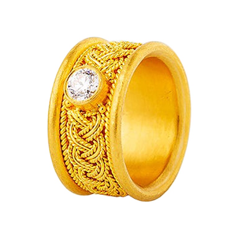 For Sale:  24K Gold Hand Crafted Wide Weave Mesh Band Round Diamond Solitaire Ring