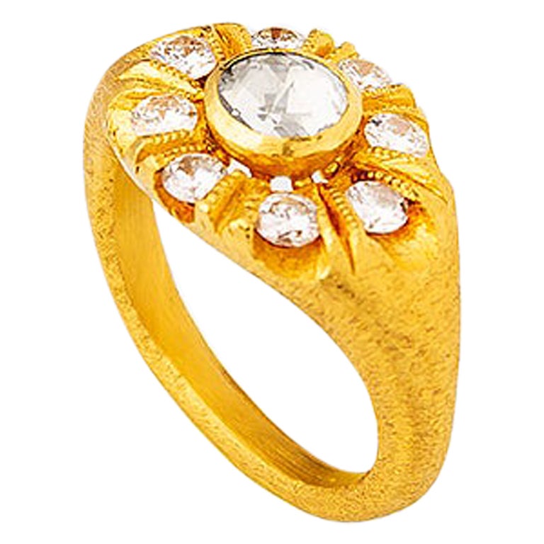 24K Gold Hand Crafted Ottoman Inspired Rose Form Diamond Ring For Sale