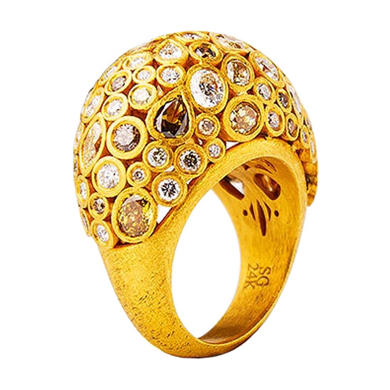 24K Gold Hand Crafted Fancy Color Diamond Cocktail Ring For Sale