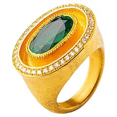 24K Gold Hand Crafted Classic Greek Style Emerald and Diamond Solitaire Ring