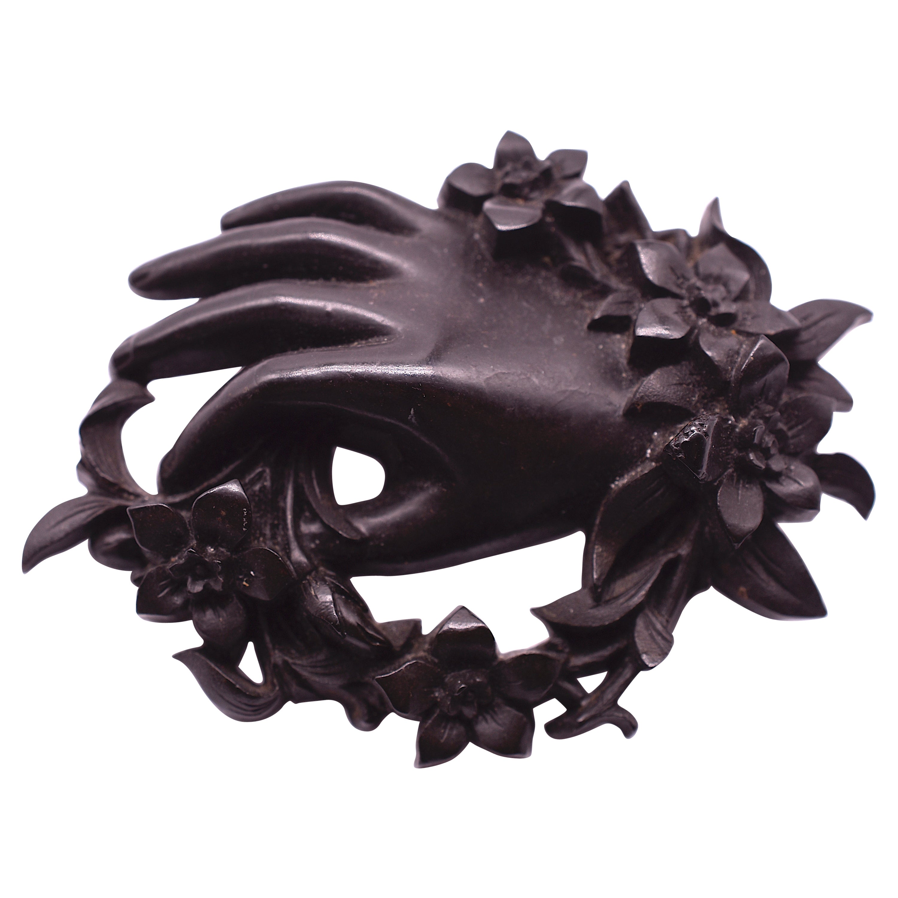 C. 1850 Carved Bog Oak Brooch Depicting a Wreath of Flowers and a Hand 