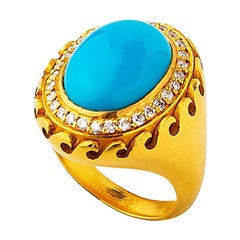 22K Gold Hand Crafted Oval Arizona Turquoise Wavey Pattern Ring