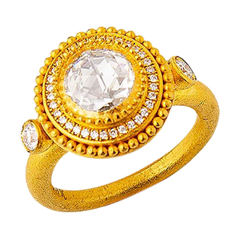 24K Gold Hand Crafted Byzantine Style Rose Cut Diamond Solitaire Ring