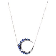 Victorian Blue Sapphire and Diamond Crescent Moon Pendant Necklace
