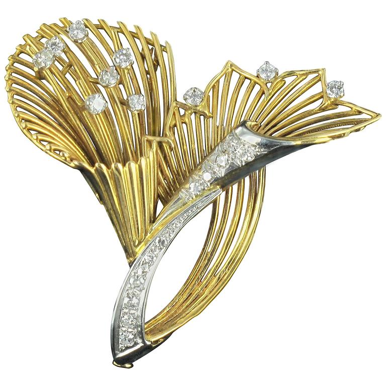 French Antique Diamond Gold Brooch For Sale at 1stdibs