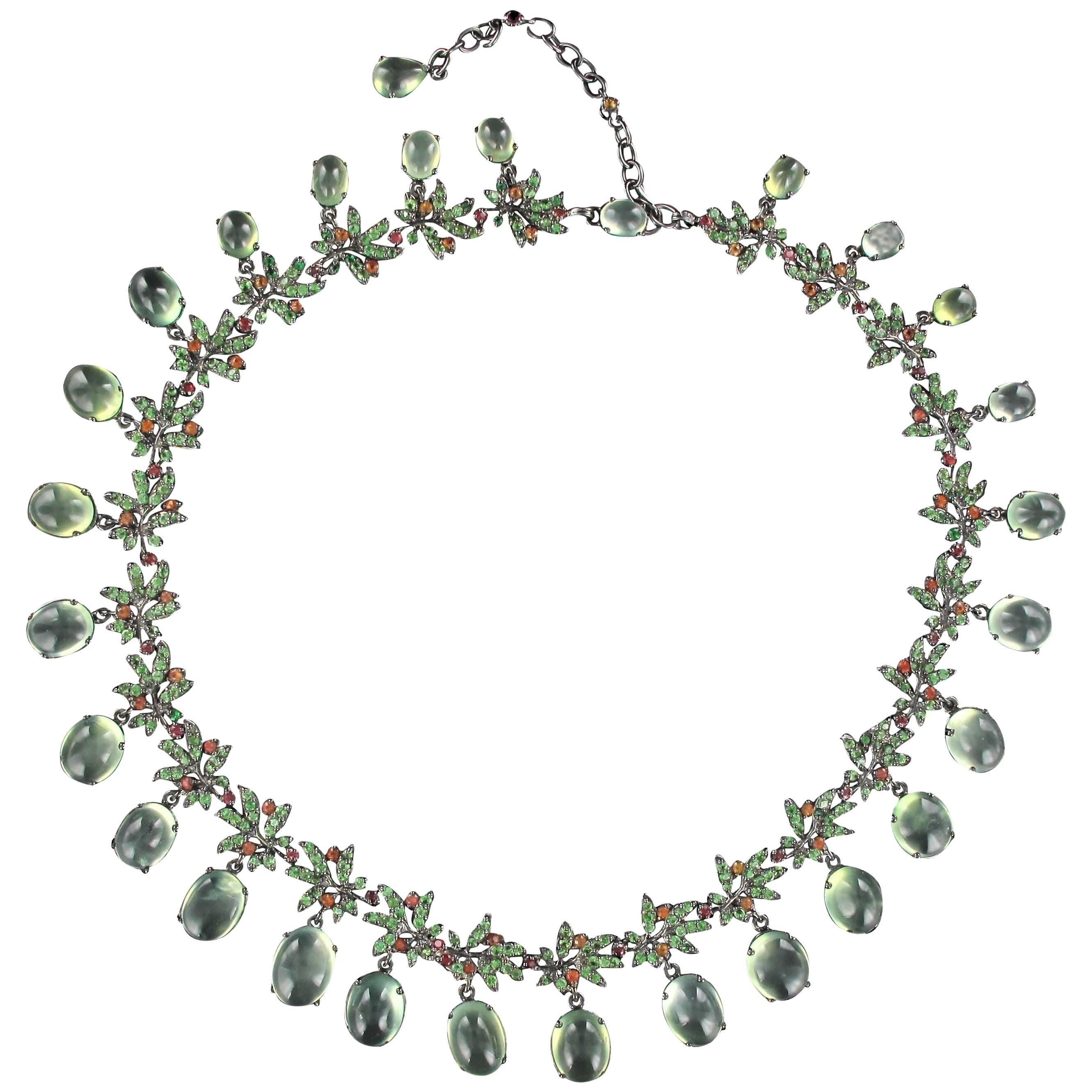 Modern Orange Sapphire Prehnite Green Garnet Darkened Silver Necklace For Sale 1