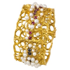 1970s Karl Stittgen Pearl, Ruby, Sapphire and Gold Bangle