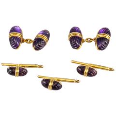 Bulgari Carved Amethyst Gold Cufflinks and Studs Set