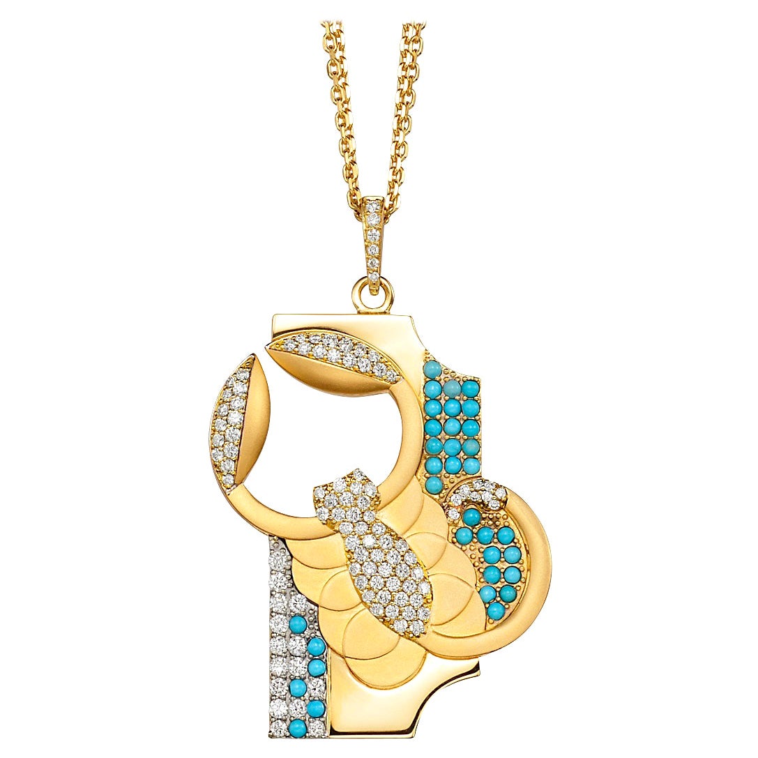 Scorpio Zodiac Pendant 18k Gold with 0.84 Ct Diamonds and Turquoise