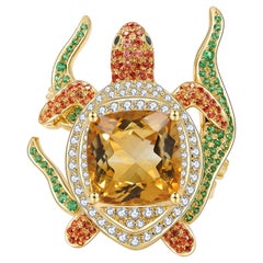 Turtle Cocktail Ring Made of Citrine, Orange Sapphires, Tsavorites and Diamonds