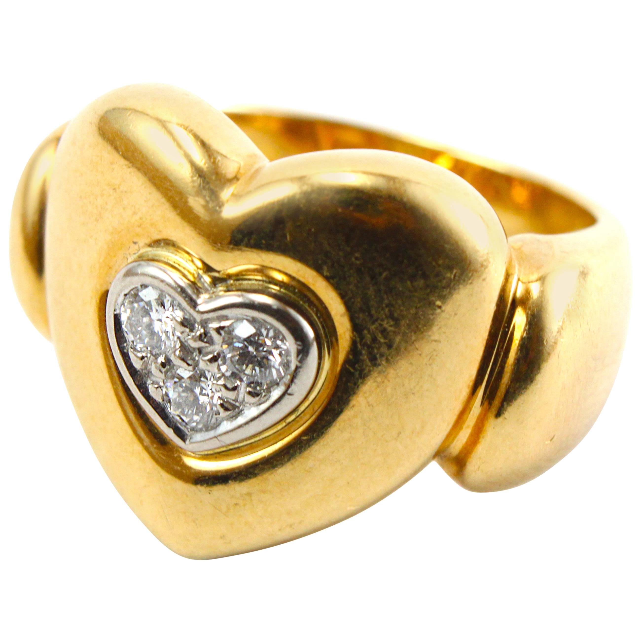 Diamond 18 Karat Yellow Gold Heart Ring For Sale