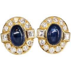 Vintage Cartier Paris Cabochon Sapphire Diamond Gold Earrings