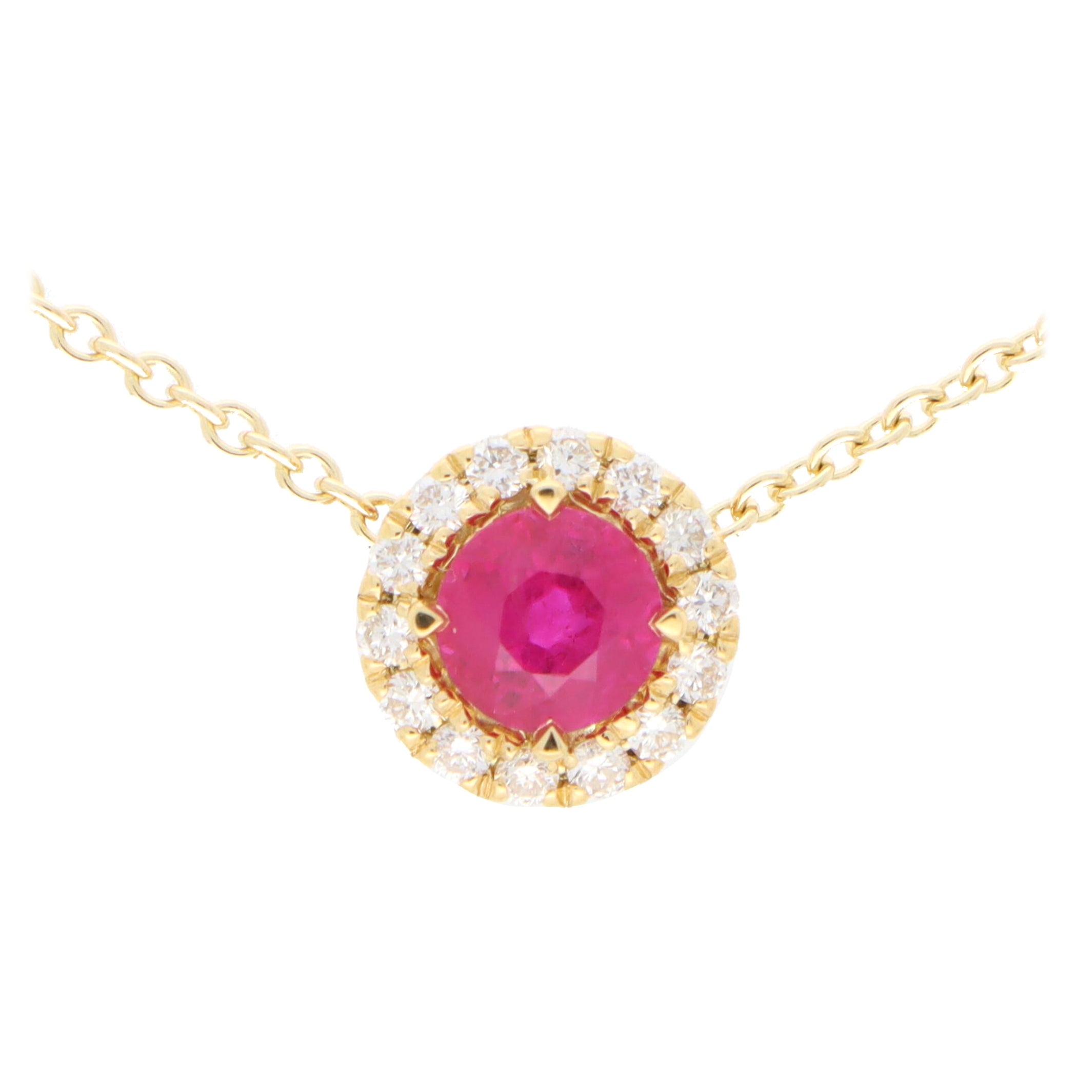Ruby and Diamond Cluster Pendant Necklace Set in Yellow Gold