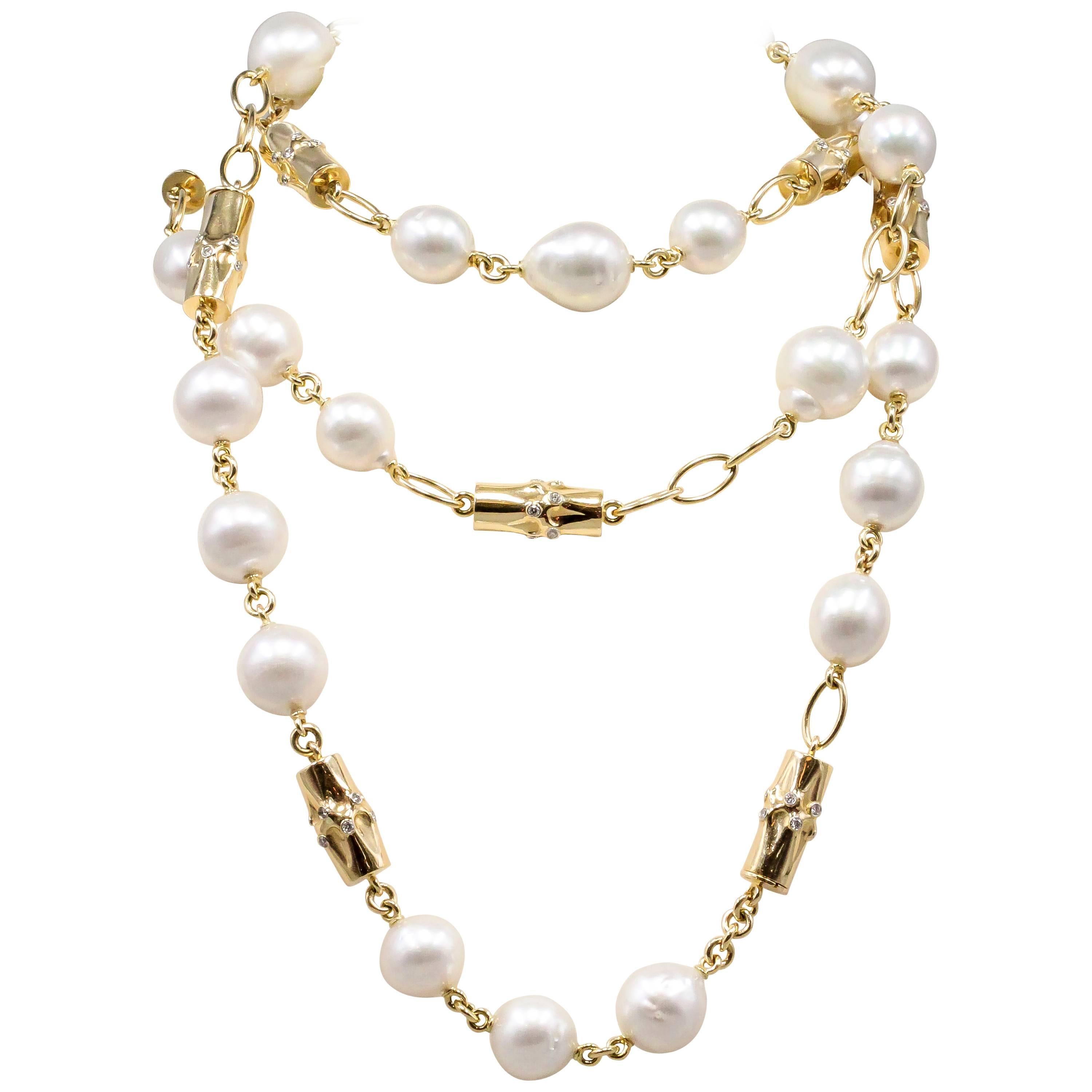 Verdura Bamboo South Sea Pearl Diamond Gold Necklace and Bracelet Combination