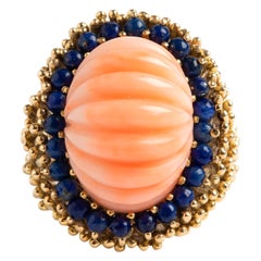 Vintage Unusual Large Coral Dress Ring with Lapis Lazuli Beads, 18K Yellow Gold Band