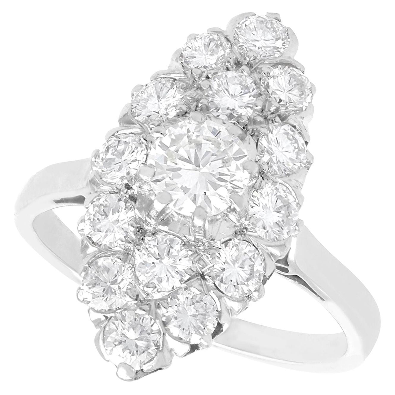Antique 1.78 Carat Diamond and Platinum Marquise Cluster Ring For Sale