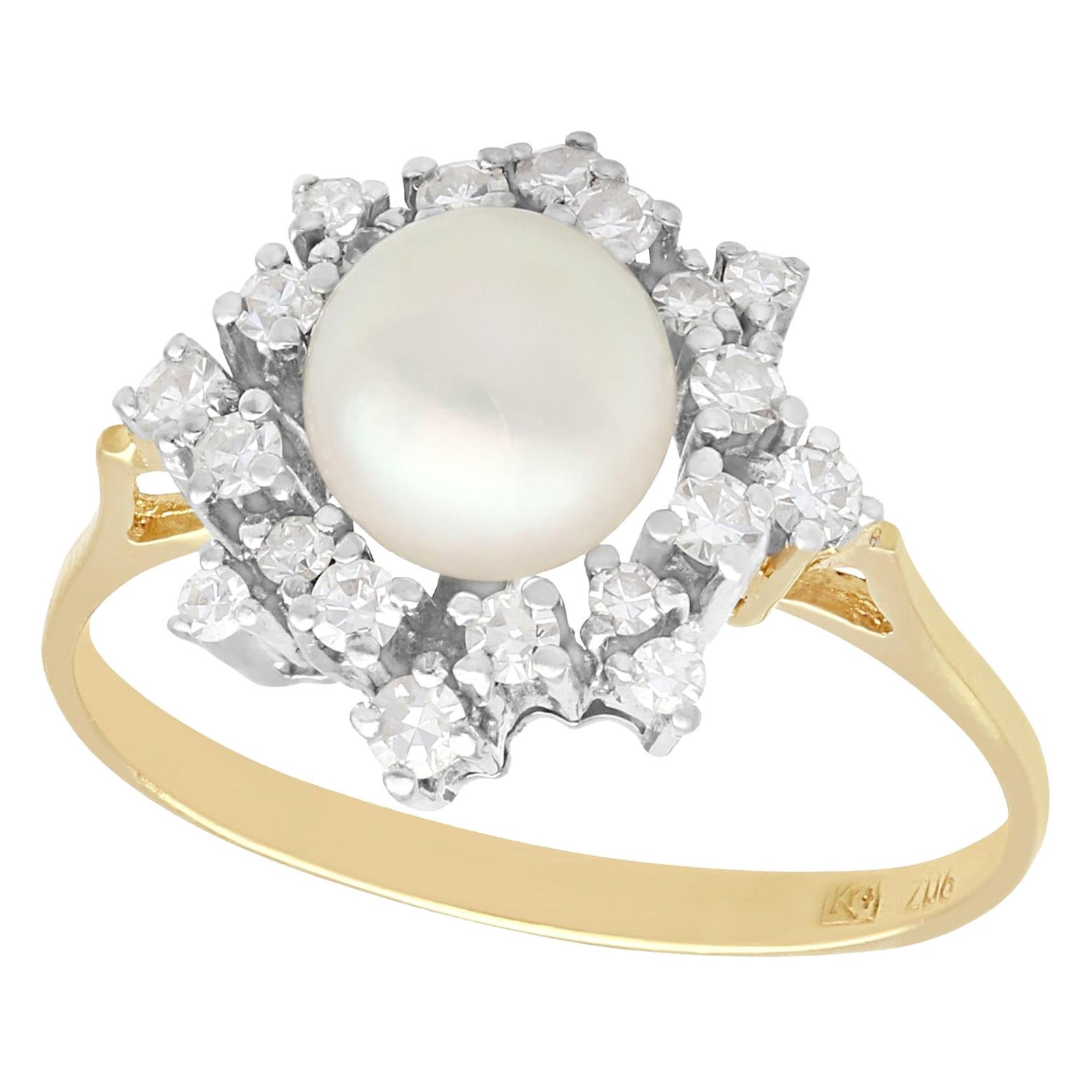 Vintage Cultured Pearl and Diamond Yellow Gold Cocktail Ring Circa 1970