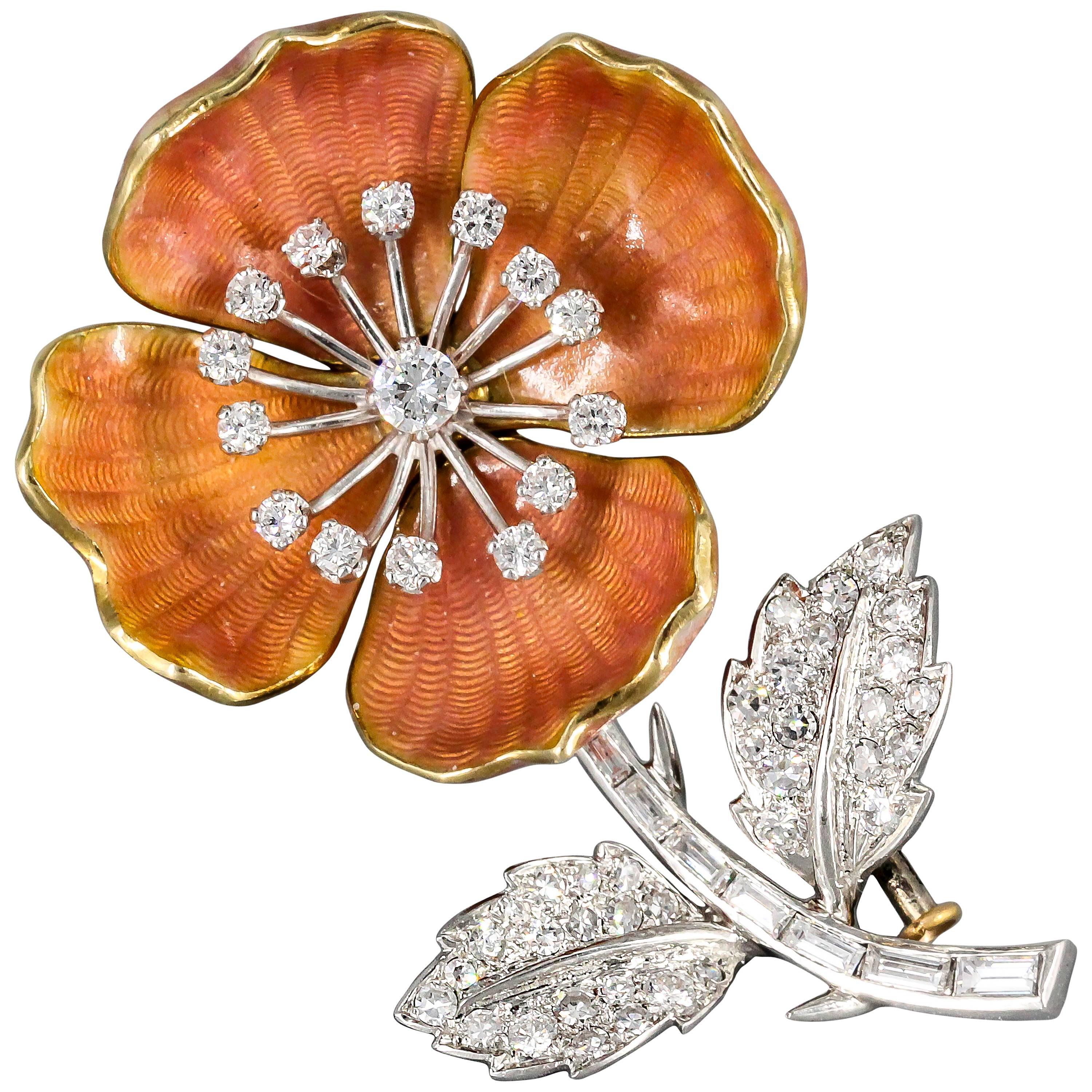 Boucheron Enamel Diamond Gold Platinum Flower Brooch