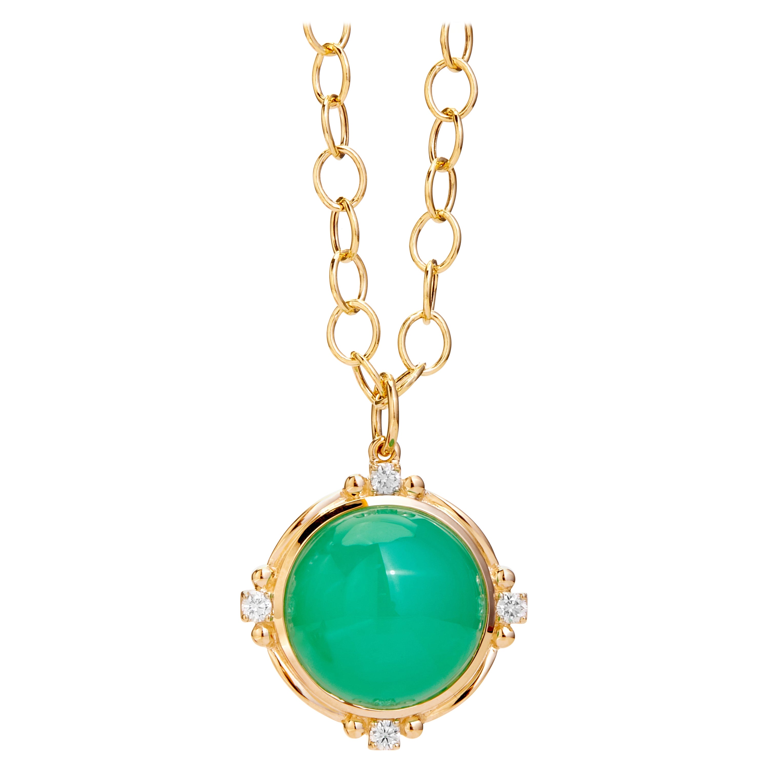 Syna Yellow Gold Chrysoprase Pendant with Diamonds For Sale