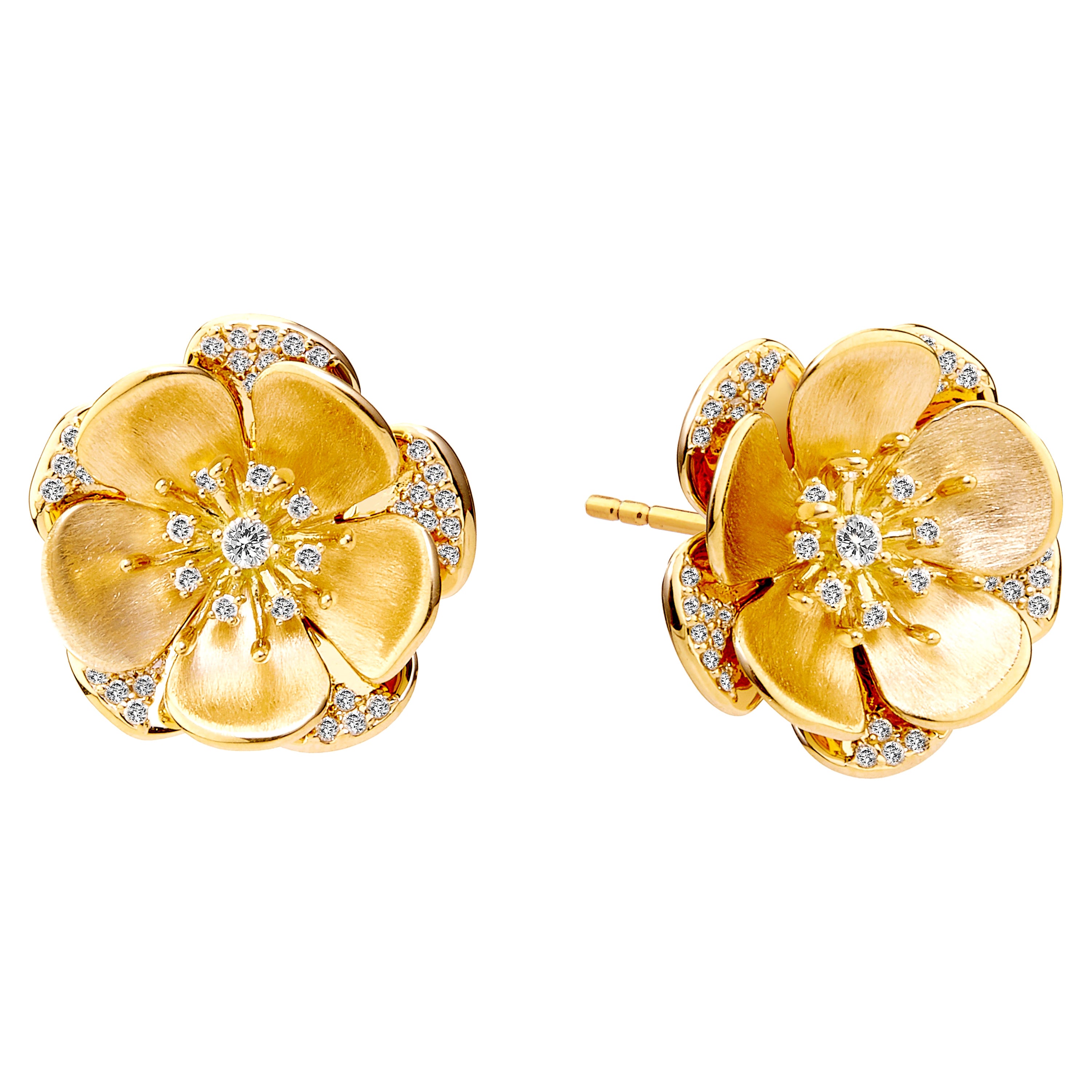 Syna Yellow Gold and Diamonds Flower Earrings For Sale
