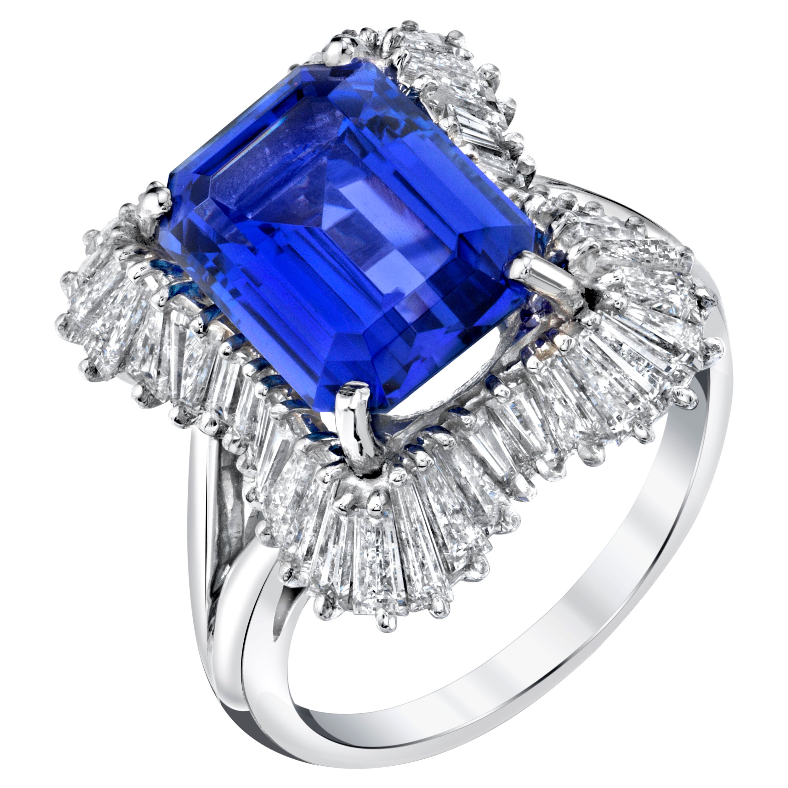 Tanzanite and Diamond Baguette Cocktail Ring in Platinum, 4.89 Carats For Sale