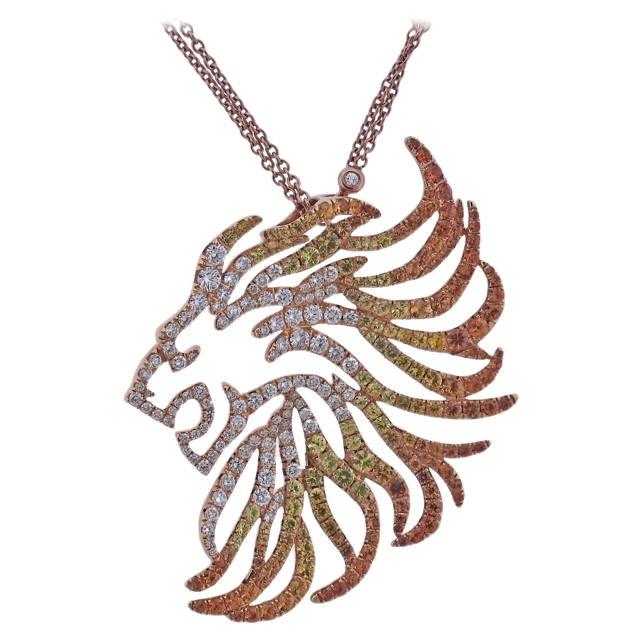 Bucherer Gold Diamond Sapphire Lion Head Pendant Necklace For Sale