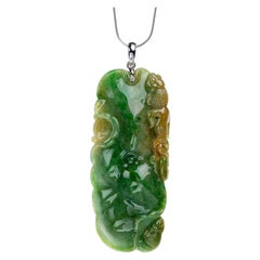 Green/Yellow Jadeite Jade Pendant Lotus Leaf and Goldfish, Certified Untreated
