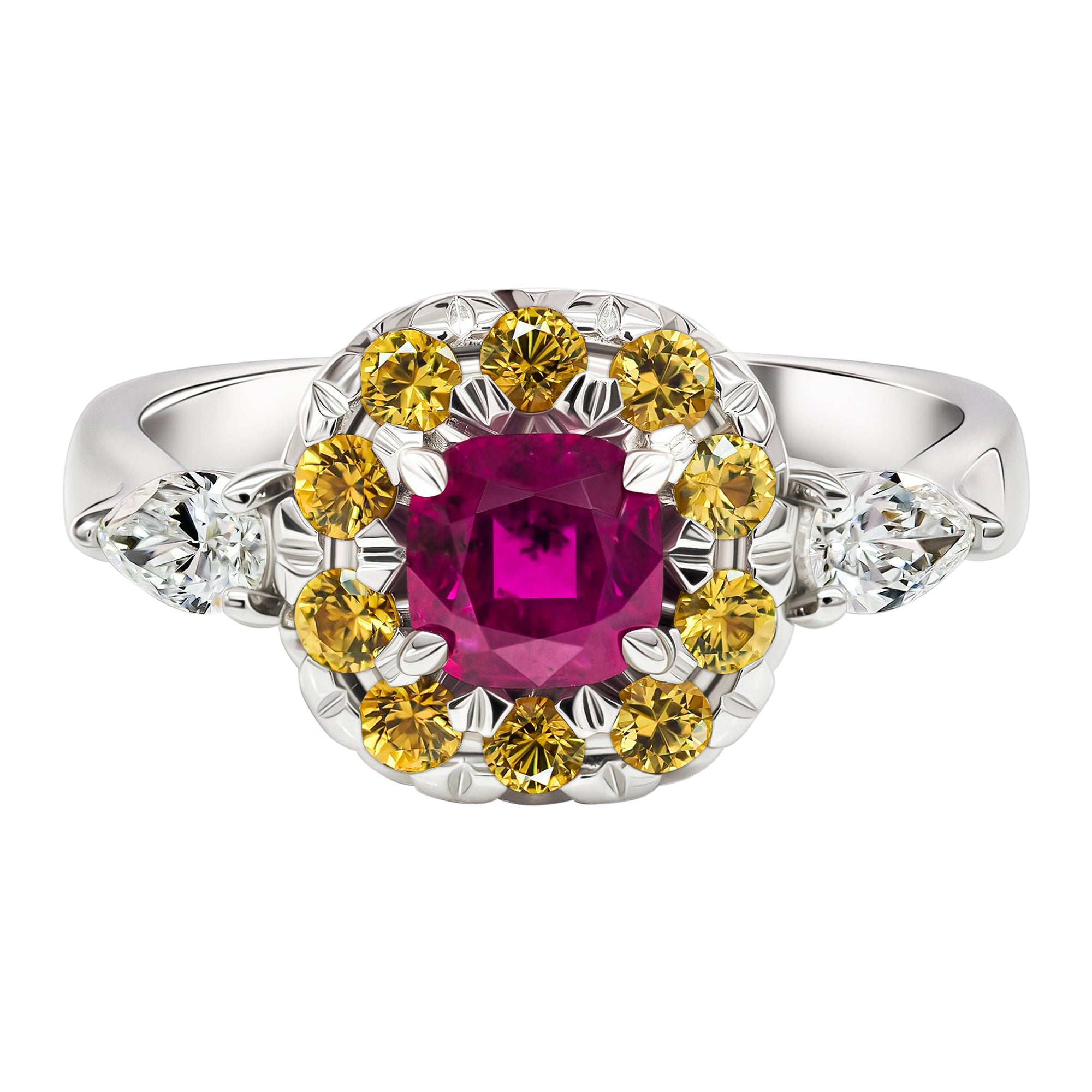 Unheated Ruby & Sapphire Ring, 18k White Gold  Ruby Sapphire & Diamonds Ring For Sale