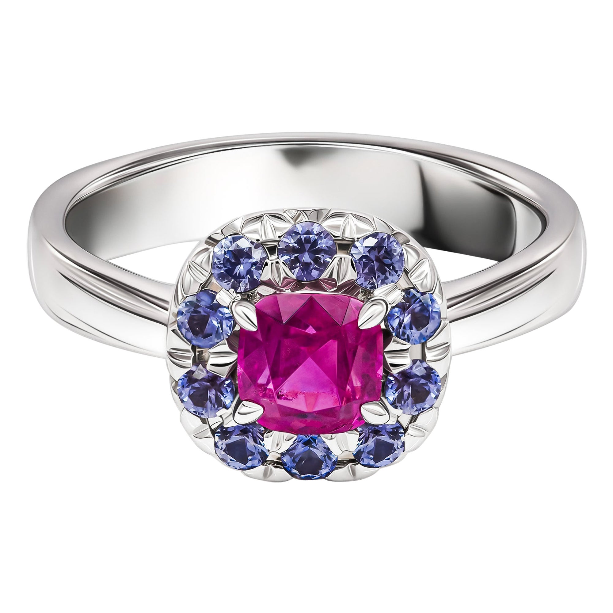 Natural Un.Ruby & Sapphire Ring, 18k White Gold Unheated Ruby & Sapphires Ring For Sale