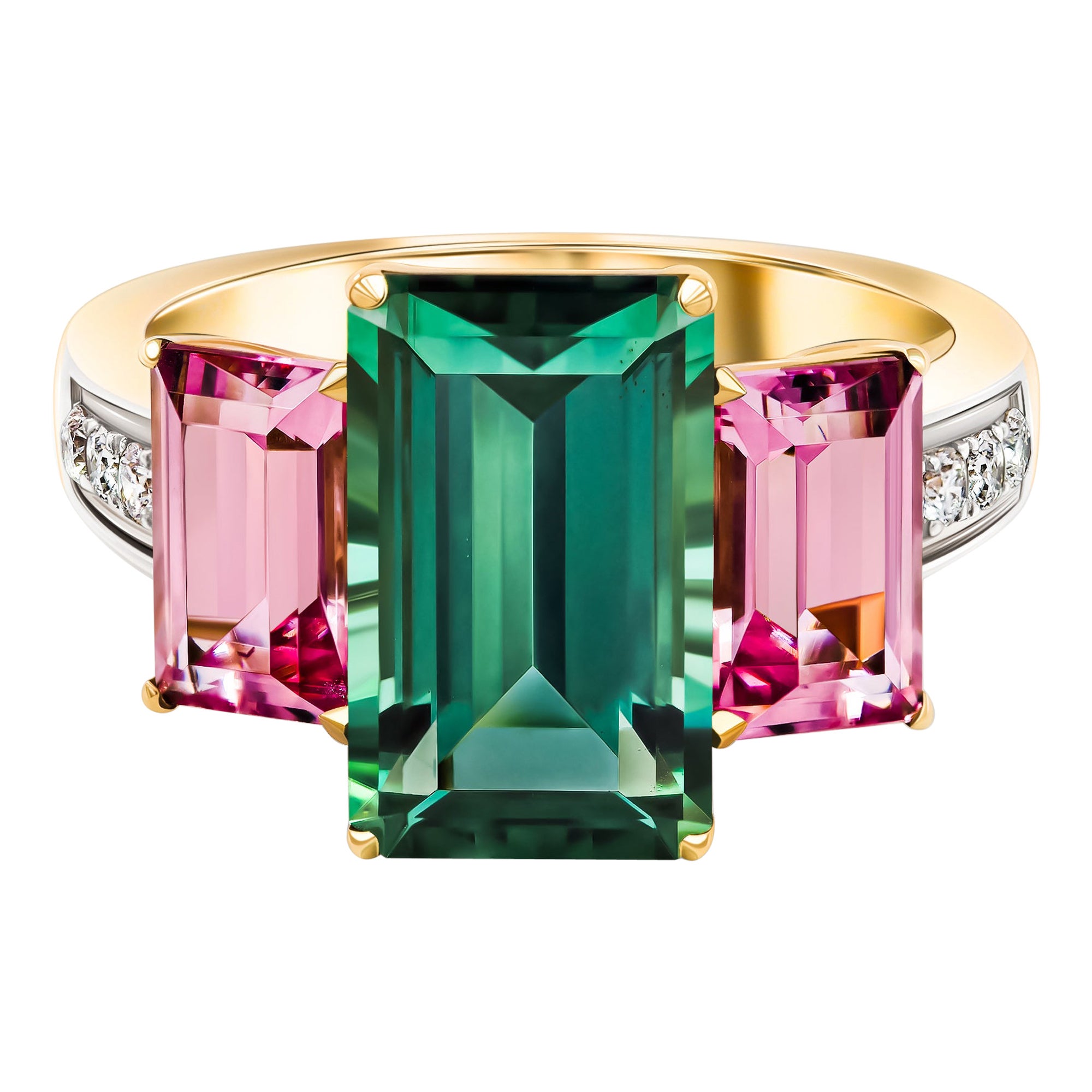 Tourmaline & Spinel Cocktail Ring, 18k Yellow Gold Green Tourmaline Pink Spinel For Sale