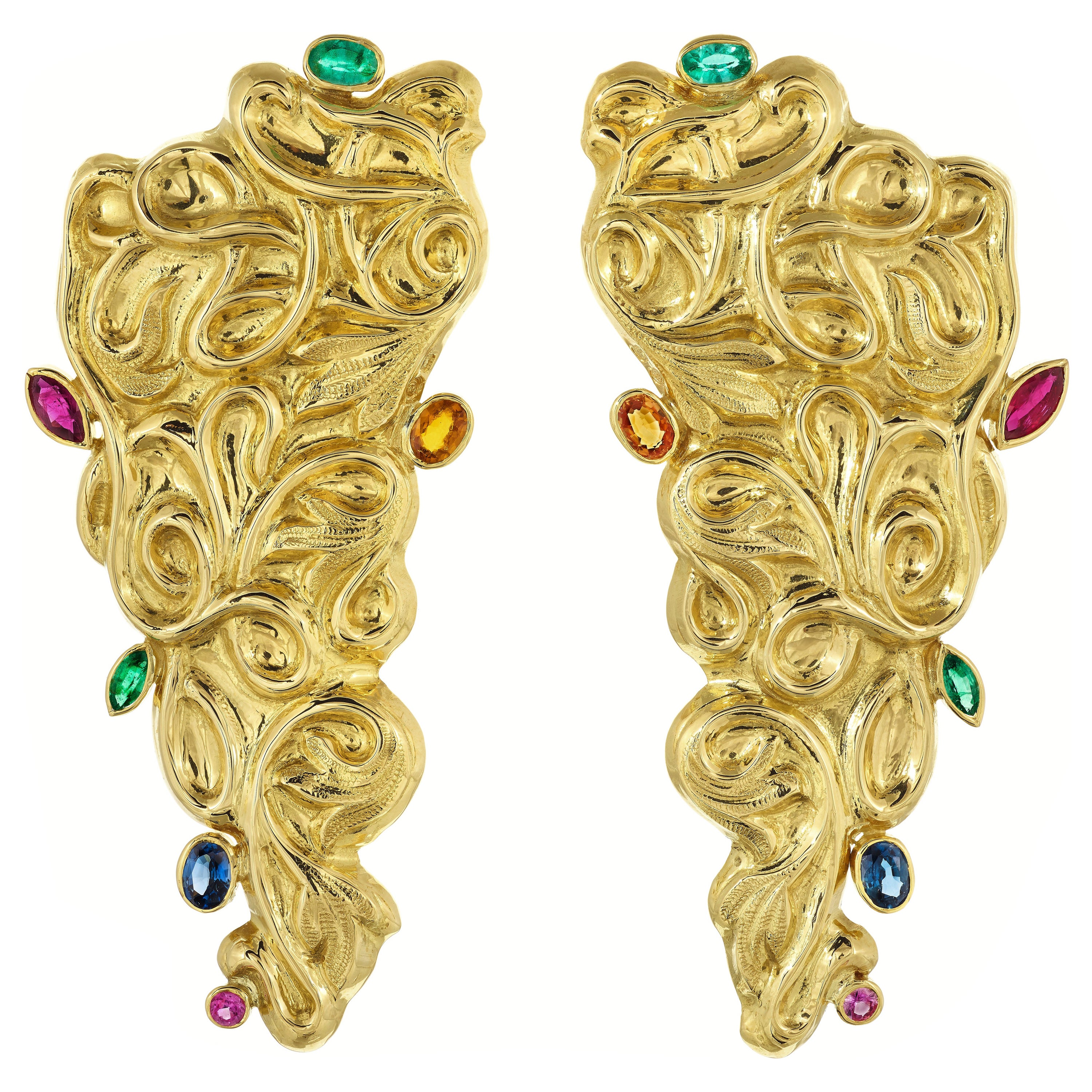 Rosior Ruby, Sapphire and Emerald Dangle Earrings Hand Chiseled in Yellow Gold 