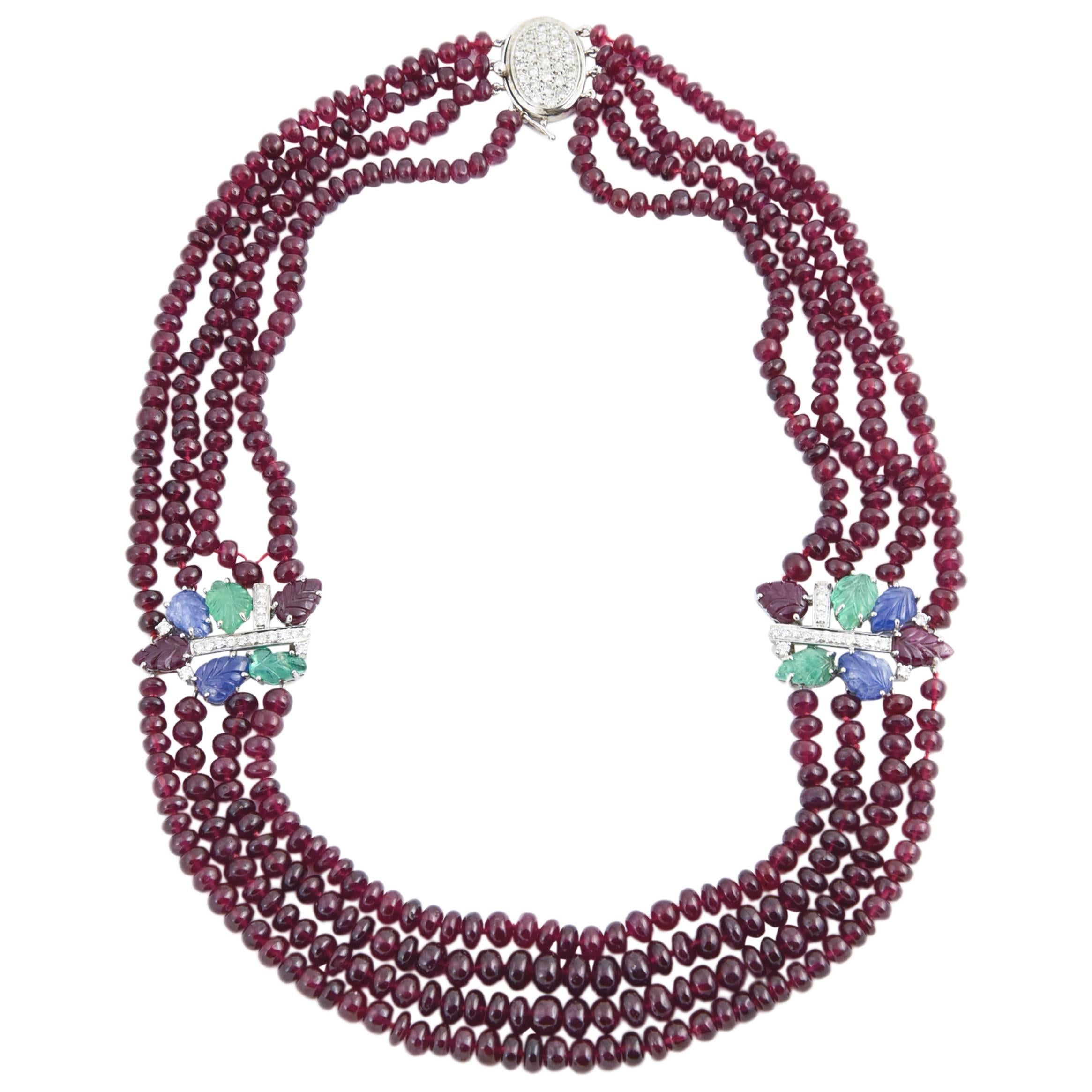Ruby Bead Necklace with Tutti Fruiti Emerald Diamond Sapphire Ruby Gold Spacers