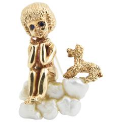 Vintage Ruser / VCA Wednesday's Child Sitting with Puppy Dog on Pearl Gold Brooch