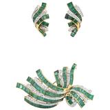 Retro Diamond Emerald Gold Brooch and Earrings