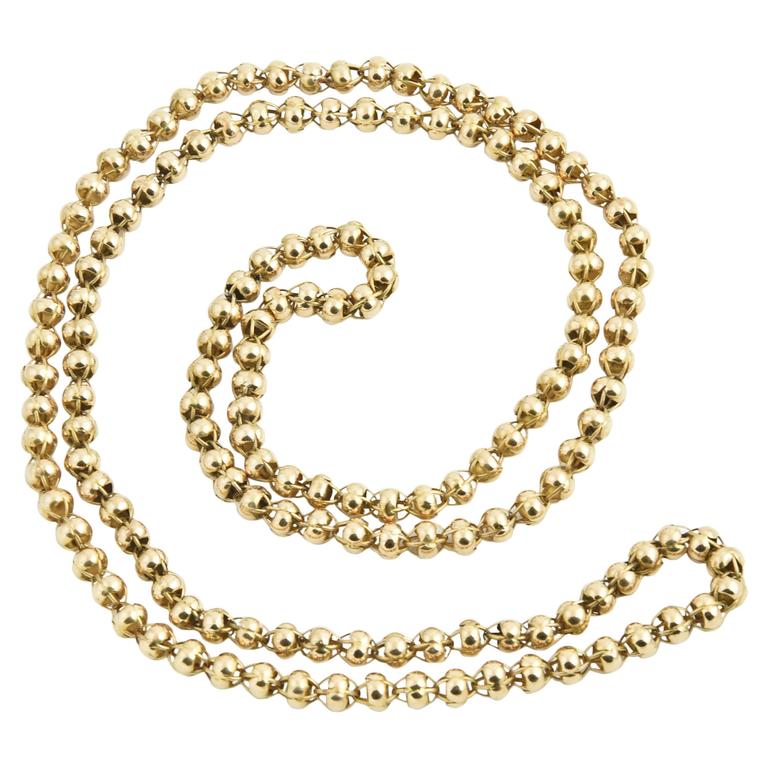 Antique Long Handmade Open Bead Gold Chain Necklace For Sale