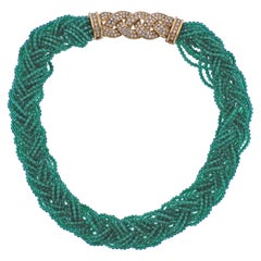 Van Cleef & Arpels France 1980s Chrysoprase Diamond Gold Braided Necklace